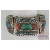 German Silver Turquoise & Coral Hinge Bracelet