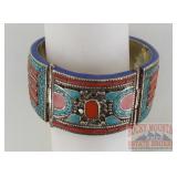 German Silver Turquoise & Coral Hinge Bracelet