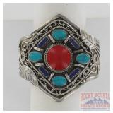 German Silver, Coral, Turquoise & Lapis Cuff