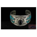 German Silver, Turquoise & Onyx Cuff.