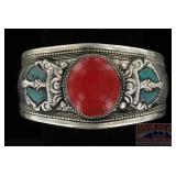 German Silver, Coral & Turquoise Cuff.