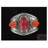 German Silver, Coral & Jasper Cuff Bracelet.