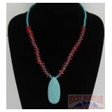 22" Turquoise & Coral Ncklace W/ Pendant.