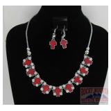 Western Style Red Cross Necklace & Earring Set.