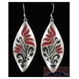 German Silver Earrings W/ Coral & Onyx Inlay.