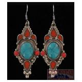 Carved German Silver, Turquoise & Coral Earrings.