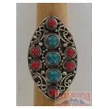 German Silver Filigree Ring W/ Turquoise & Coral.