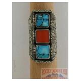 Carved German Silver Ring W/ Turquoise & Coral.