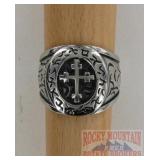 Stainless Steel Ring W/ Carved Cross.