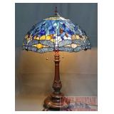 Bronze Base Lamp W/ Tiffany Style Glass Shade.