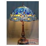 Bronze Base Lamp W/ Tiffany Style Glass Shade.