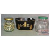 2 Glass jars & Metal 'Mail' Tub.