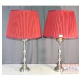 2 Nice Silver Finish Table Lamps W/ Red Shades.