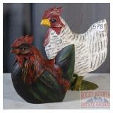 2 Carved Wood, Hand Painted Chickens.