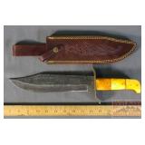 15' Damascus Blade Knife W/ Bone Handle.