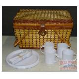 Wicker Picnic Basket W/ Dishes.