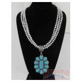 New Native Am Style Flower Pendant & Bead Necklace