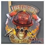 "Firefighter" Heavy Embossed Pressed Tin Sign.