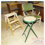 Metal Arm Chair, Step Ladder & Stool.