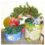 2 Tins w/ Christmas Lights & Wreath.