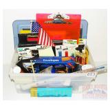 Assorted Office Supplies in Plastic Storage Tote