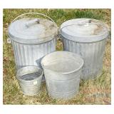 2 Small Galvanized Trash Cans & 2 Buckets. 2 Small Galvanized Trash Cans & 2 Buckets.