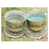 2 Brass Planters & Rolling Brass Pot Stands.