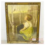 Vintage Framed Girl w/ Bird Print.