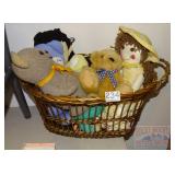 Basket w/ Cloth Dolls & Stuffed Animals.