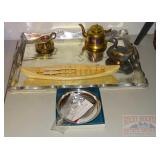 21 Inch Silver Plate Tray, Pewter Duck Box, Canoe 21 Inch Silver Plate Tray, Pewter Duck Box, Canoe