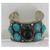 German Silver Cuff Bracelet w/ Black/Blue Stones.