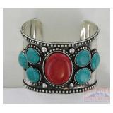 German Silver Cuff Bracelet w/ Red & Blue Stones.