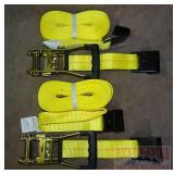 2 New 2'X27' Ratcheting Tie Downs w/ Flat Hooks.