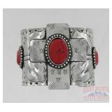 Engraved German Silver Cross Bracelet w/ Red Stone