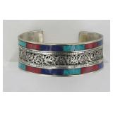 German Silver Cuff Bracelet w/ Inlaid Stones.