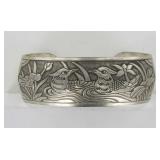 German Silver Bird & Floral Design Cuff Bracelet.