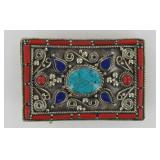 German Silver, Coral, Turquoise & Lapis Buckle.