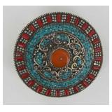 Round German Silver, Coral & Turquoise Belt Buckle