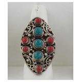 German Silver, Turquoise & Coral Dress Ring, 9.