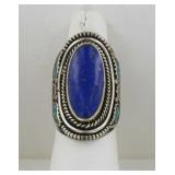 German Silver, Blue Lapis, Turquoise Dress Ring 8.