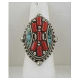 Vintage Style Coral & Turquoise Ring, Size 8.