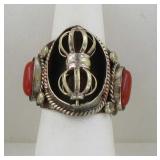 German Silver & Coral Ring - Adjustable.