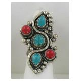 Scrolled German Silver, Turquoise & Coral Ring, 8.