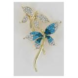 Aquamarine and Clear Rhinestone Butterfly Brooch