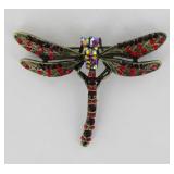 Vintage Style Red Rhinestone Dragonfly Brooch.