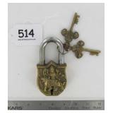 Large Heavy Cast Brass Figural Garden Gate Padlock