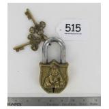 Large Heavy Cast Brass Figural Garden Gate Padlock