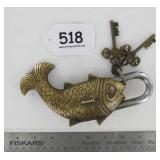 Large Heavy Cast Brass Fish Garden Gate Padlock.