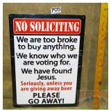 'No Soliciting' Tin Sign. 17X12.