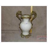 Pottery Vase w/ Fancy Cast Brass Handles & Trim.